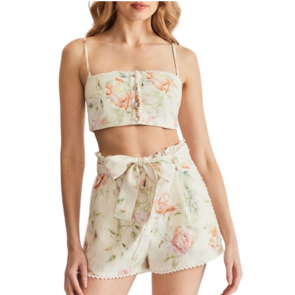 Caroline Constas Linen Blend Floral Rose Short Crop Top Set Outfit S